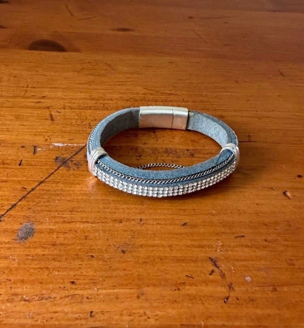 Hampton Gems Narrow Cuff Bracelet With Pave Crystals Blue Suede Magnetic Clasp